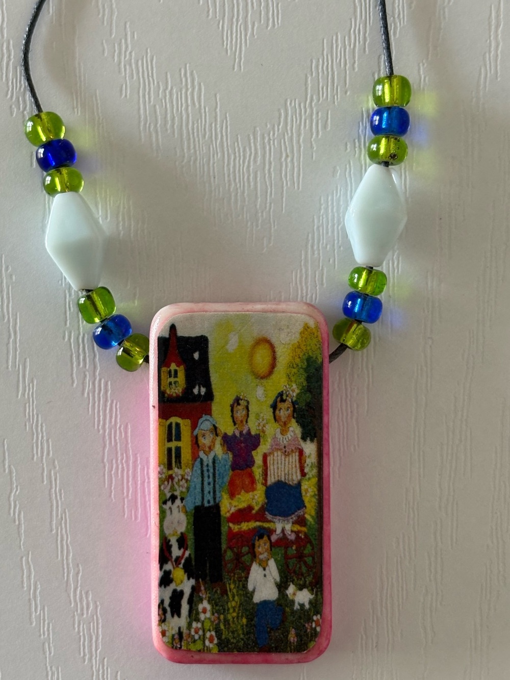 Hand-Painted Folk Art Domino Pendant Beaded Necklace